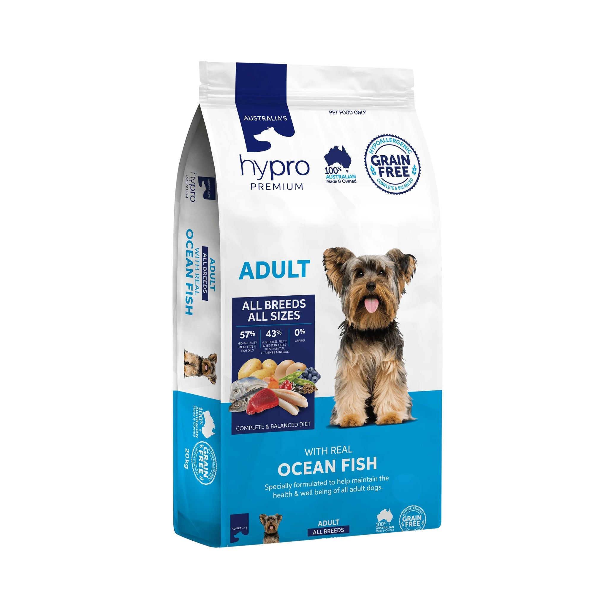 Front view of Hypro Premium Ocean Fish Grain-Free Adult Dog Food 20kg bag