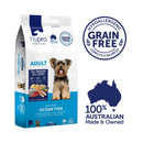 Hypro Premium Ocean Fish Grain-Free Adult Dog Food bag with hypoallergenic, grain-free, complete and balanced badge and 100% Australian-made icon 