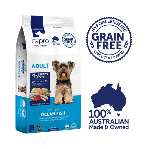 Hypro Premium Ocean Fish Grain-Free Adult Dog Food bag with hypoallergenic, grain-free, complete and balanced badge and 100% Australian-made icon 