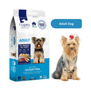 Hypro Premium Ocean Fish Grain-Free Adult Dog Food 20kg bag beside a canine