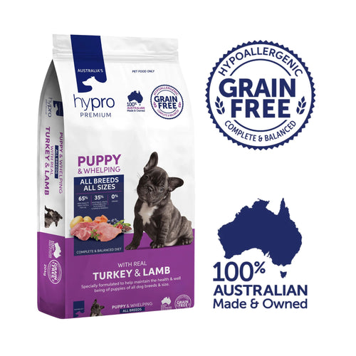 Hypro Premium Puppy Turkey & Lamb Grain-Free Puppy Dog Food bag with hypoallergenic, grain-free, complete and balanced badge and Australian-made badge.
