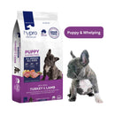 Hypro Premium Puppy Turkey & Lamb Grain-Free Puppy & Whelping Dog Food bag with frenchie puppy.