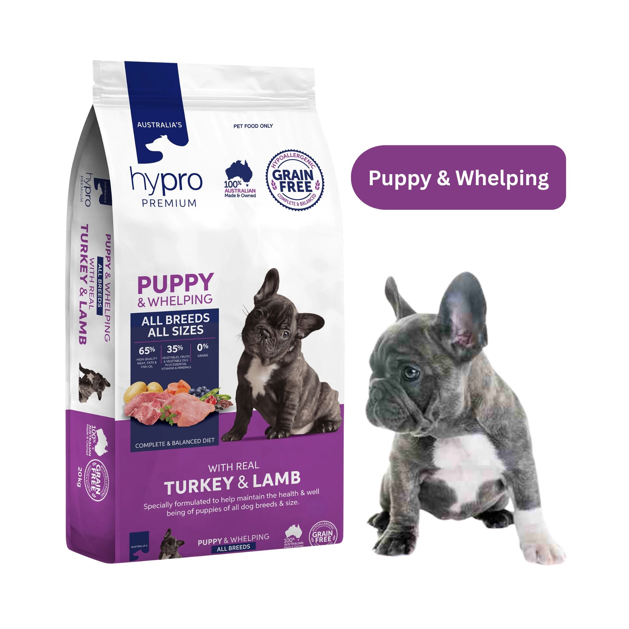 Hypro Premium Puppy Turkey & Lamb Grain-Free Puppy & Whelping Dog Food bag with frenchie puppy.