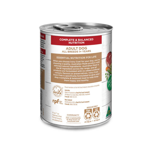 Ivory Coat Beef Stew Adult Dog Food can side label with essential nutrition information