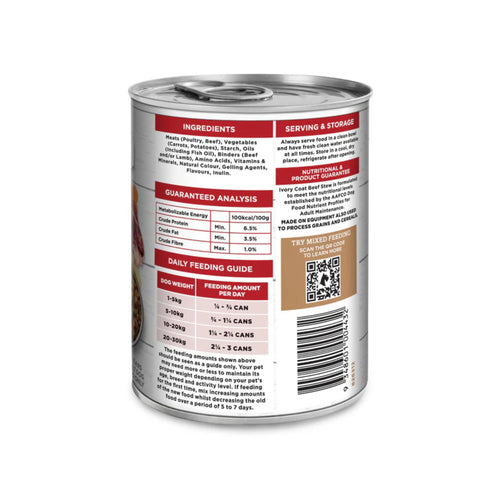 Ivory Coat Adult Grain Free Beef Stew back label with ingredients, analysis, and feeding guide