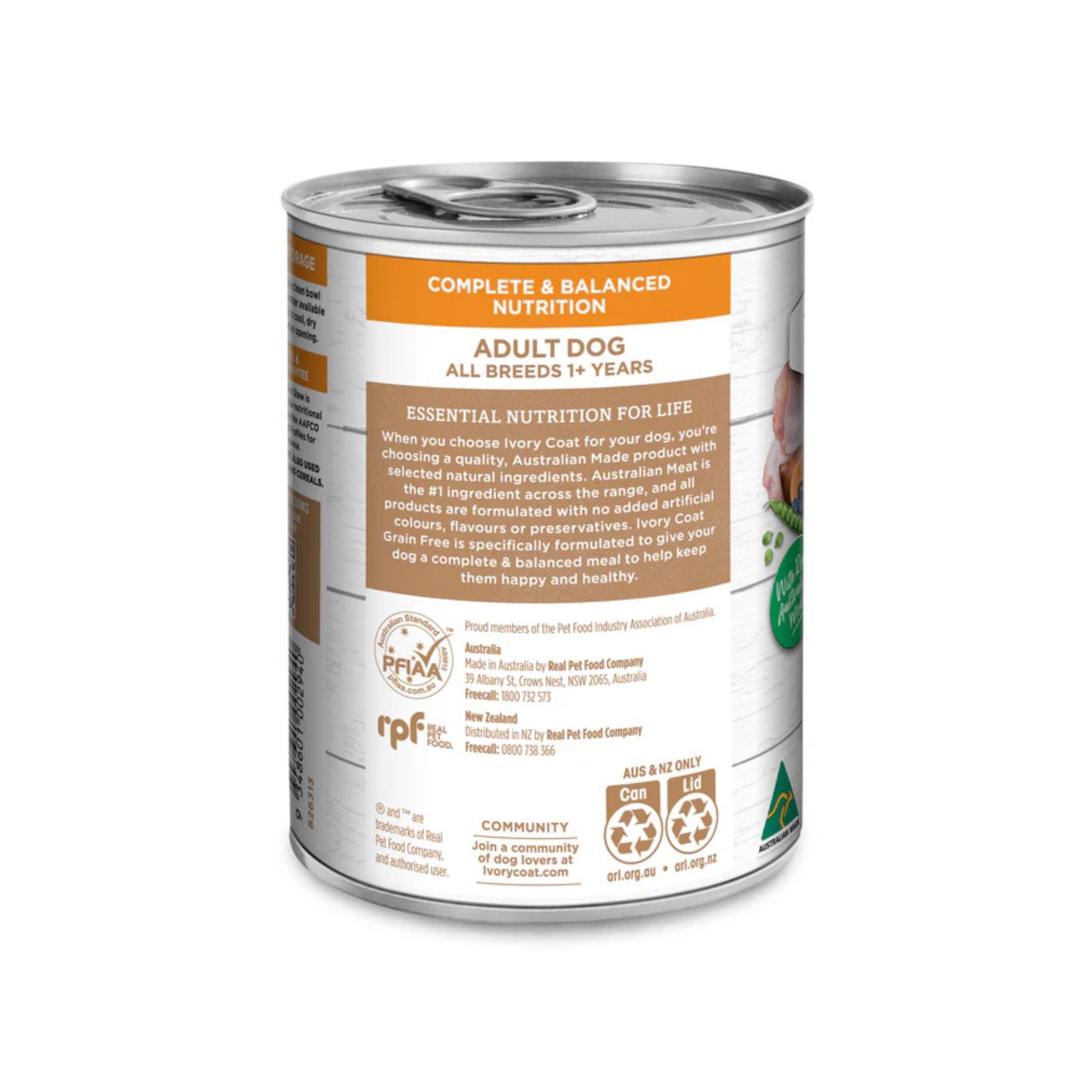Ivory Coat Chicken Stew Adult Dog Food can side label with essential nutrition details.