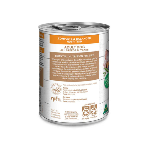 Ivory Coat Chicken Stew Adult Dog Food can side label with essential nutrition details.