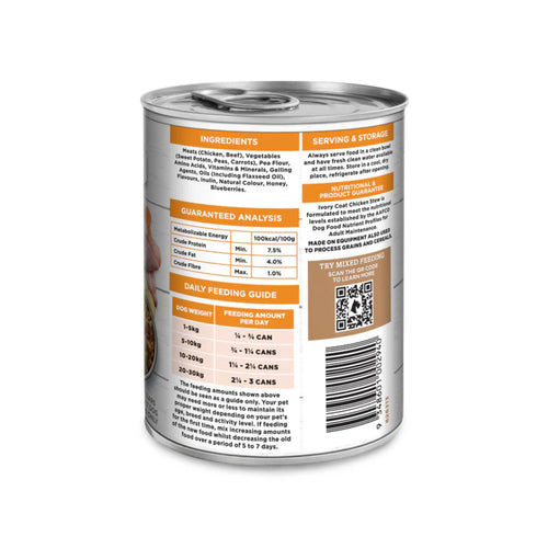 Ivory Coat Adult Grain Free Chicken Stew back label with ingredients, analysis, and feeding guide