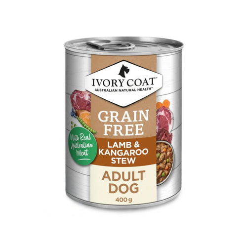 Ivory Coat Grain Free Lamb & Kangaroo Stew Adult Wet Dog Food 400g can packaging