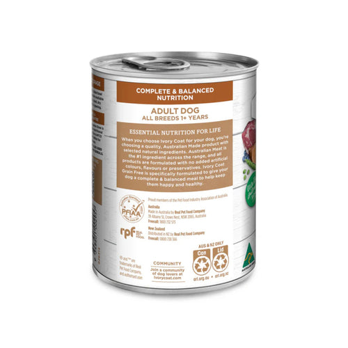 Ivory Coat Lamb & Kangaroo Stew Adult Dog Food can side label with essential nutrition information