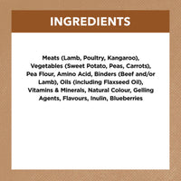 Ingredients list for Ivory Coat Grain Free Lamb & Kangaroo Stew Adult Dog Food on a white background