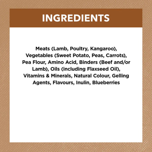 Ingredients list for Ivory Coat Grain Free Lamb & Kangaroo Stew Adult Dog Food on a white background