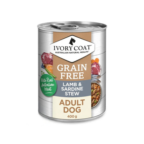 Ivory Coat Grain Free Lamb & Sardine Stew Adult Wet Dog Food 400g can packaging
