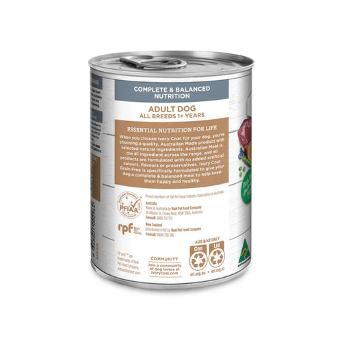 Ivory Coat Lamb & Sardine Stew Adult Dog Food can side label with essential nutrition information