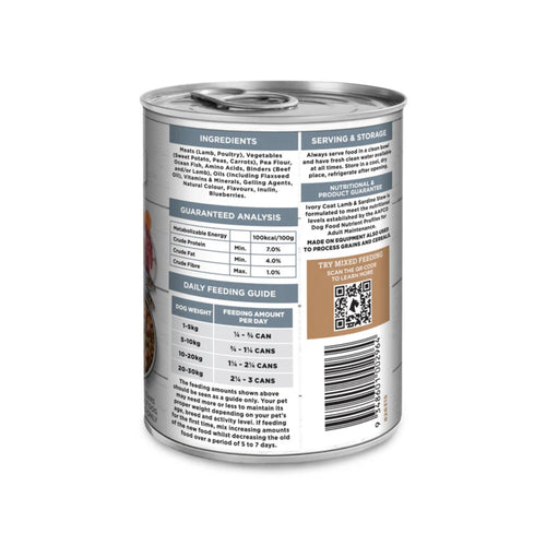 Ivory Coat Adult Grain Free Lamb & Sardine Stew back label with ingredients, analysis, and feeding guide
