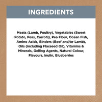 Ingredients list for Ivory Coat Grain Free Lamb & Sardine Stew Adult Dog Food on white background
