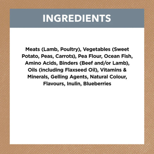 Ingredients list for Ivory Coat Grain Free Lamb & Sardine Stew Adult Dog Food on white background