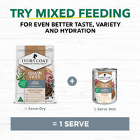 Ivory Coat adult dry and wet food packaging with mixed feeding guide