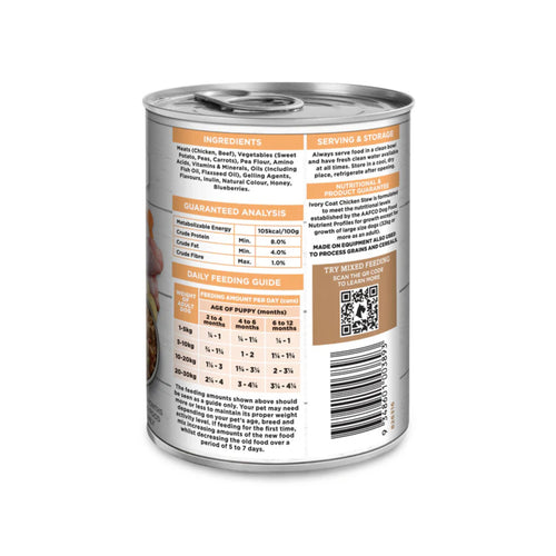 Ivory Coat Puppy Grain Free Chicken Stew back label with ingredients, analysis, and feeding guide