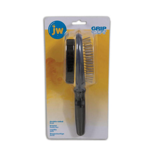 JW Double-Sided Dog Brush in branded packaging, showcasing both the pin and bristle sides for versatile dog grooming.