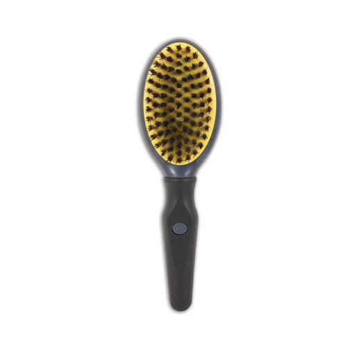 Close-up of the JW Double-Sided Dog Brush featuring the nylon bristle side for smoothing and shining fur.
