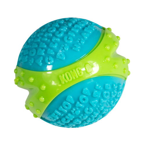 KONG CoreStrength Ball dog toy featuring a textured blue top and bottom with a bright lime green band wrapped around the middle, on a plain white background.