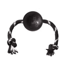 KONG Extreme Ball with Rope, dog fetch and chew toy, featuring natural black rubber and cotton rope.