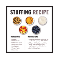 Recipe card for dog food stuffing in KONG treat dispenser toys with ingredients and instructions.