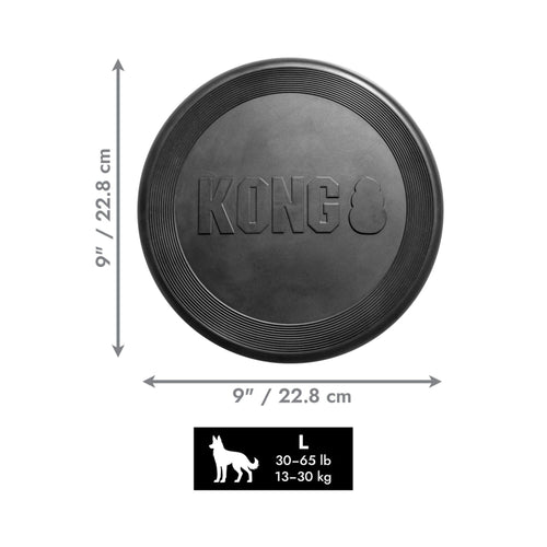 KONG Extreme Flyer dog fetch disc showing product dimensions and circular rubber design