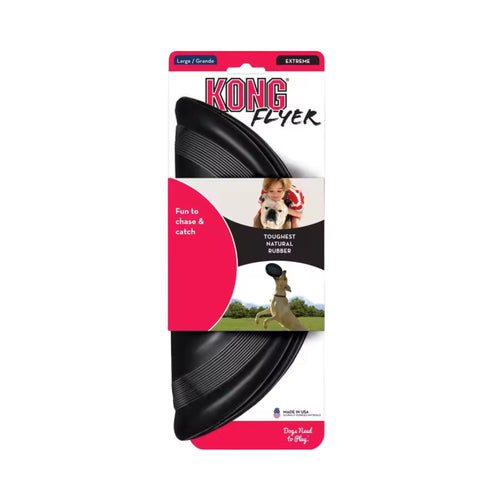 KONG Extreme Flyer dog toy retail packaging featuring the black natural rubber fetch disc