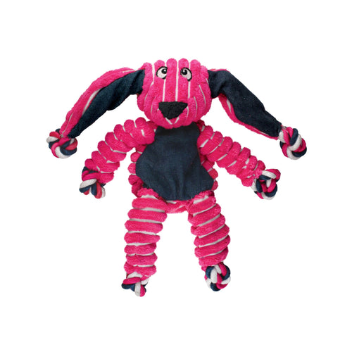 Pink and black KONG Floppy Knots Bunny plush dog toy with a coiled rope body