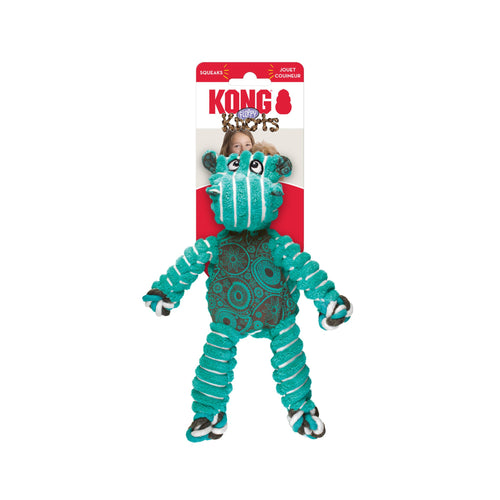 Green and black KONG Hippo dog toy with packaging from the Floppy Knots range.