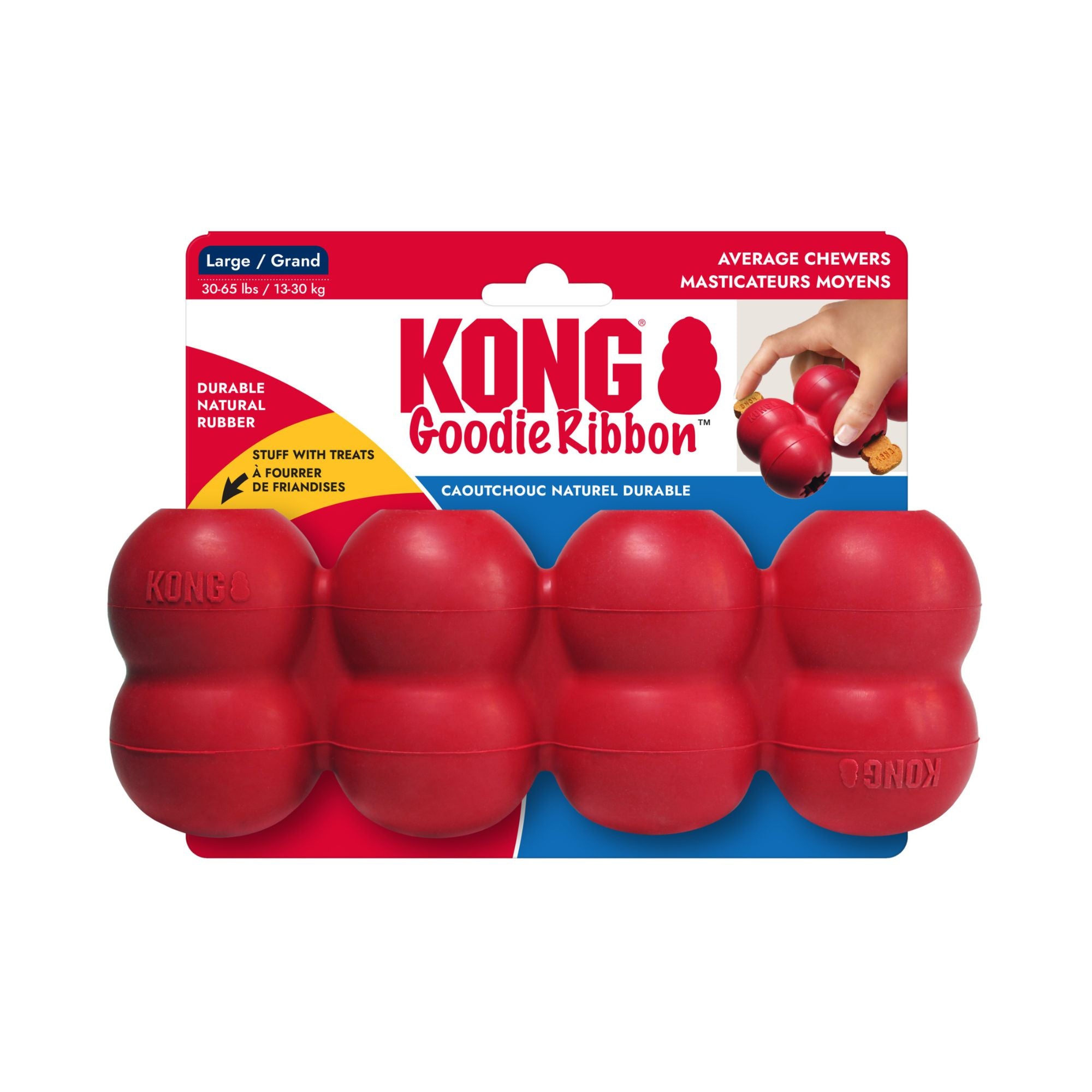 Large red KONG Goodie Ribbon durable toy for dogs attached to official store retail packaging.