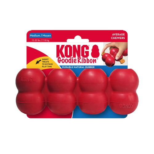 Medium red KONG Goodie Ribbon dog toy attached to official store retail packaging.