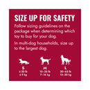 KONG size guide graphic explaining the "size up for safety" rule based on a dog's weight and jaw size.