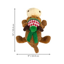 An image of the KONG Holiday Cozie Reindeer Plush Dog Toy displaying the dimensions.