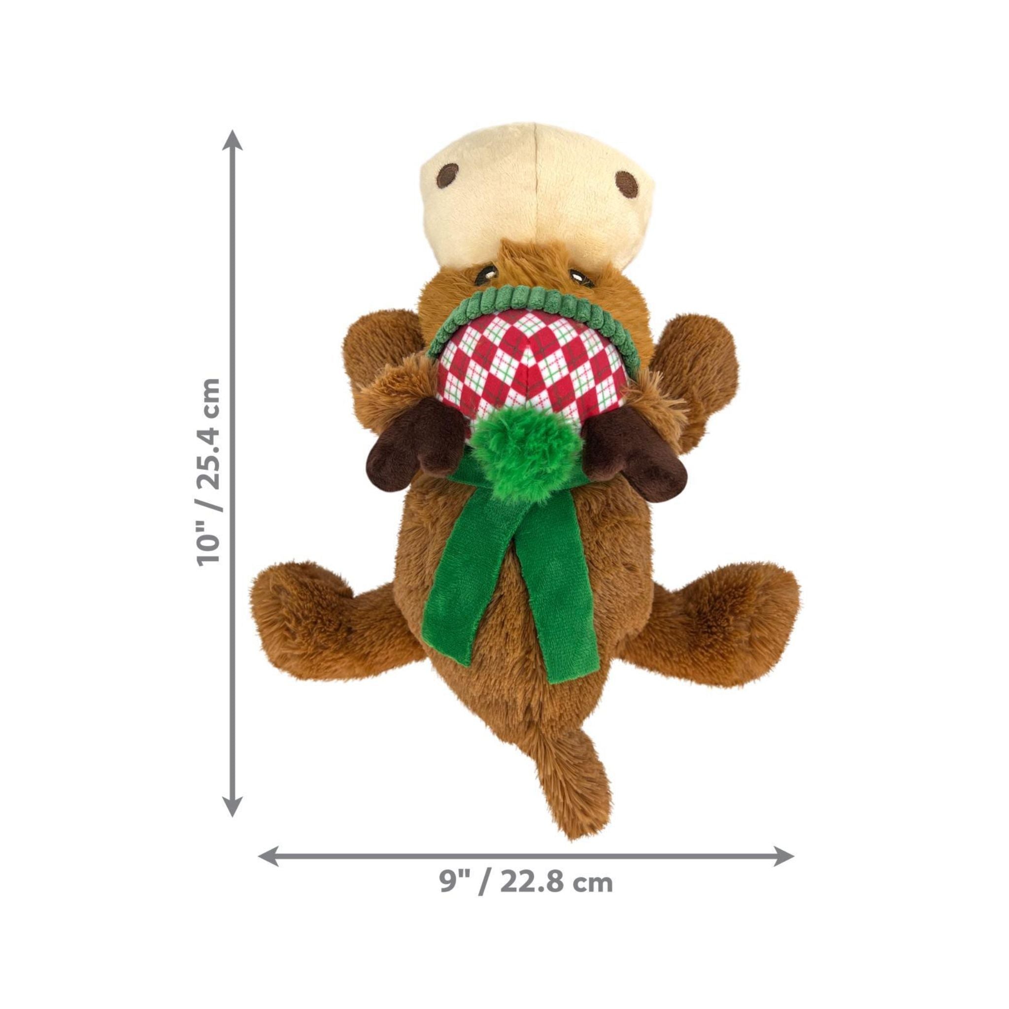 An image of the KONG Holiday Cozie Reindeer Plush Dog Toy displaying the dimensions.