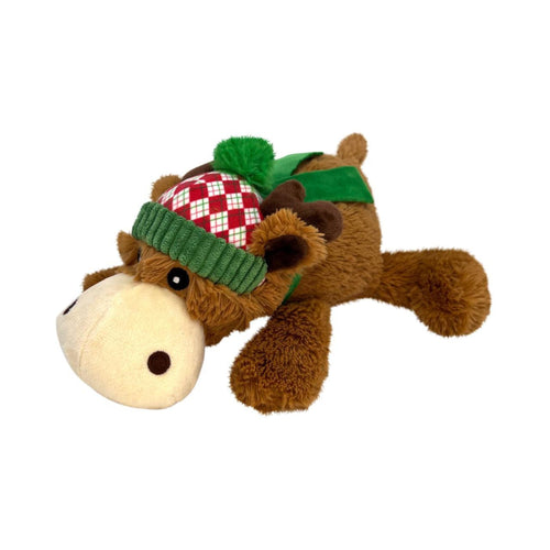 The KONG Holiday Cozie Reindeer Plush, Squeaky Toy for Dogs featuring a Christmas-themed snowcap and scarf.