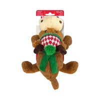 The KONG Holiday Cozie Reindeer Plush Dog Toy comes in branded packaging and is adorned with a festive snowcap and scarf for the season.