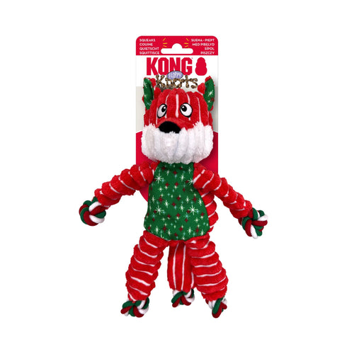 KONG Holiday Floppy Knots Fox: A festive red and green dog toy, presented in branded packaging.