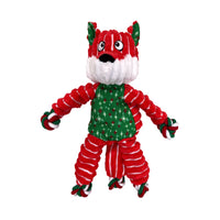 KONG Holiday Floppy Knots Fox: A vibrant red and green durable toy for dogs, perfect for the festive season.