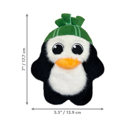 KONG Holiday Snuzzles Penguin plush dog toy featuring the approximate dimensions.