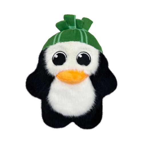 Black and white KONG Holiday Snuzzles Penguin plush dog toy featuring a green Christmas-themed hat and yellow beak.