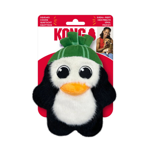 Plush KONG Holiday Snuzzles Penguin toy for dogs attached to branded packaging and featuring a Christmas-themed green hat.