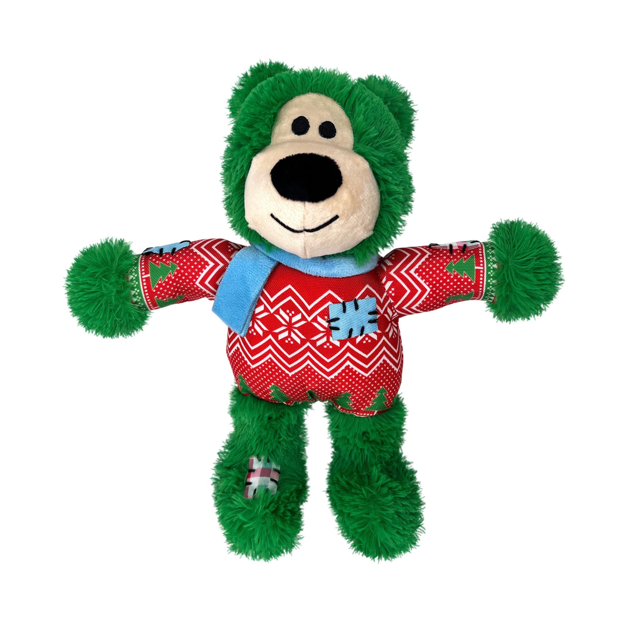 Green KONG Holiday Wild Knots Bear Dog Toy wearing a red Chrismas sweater and blue scarf