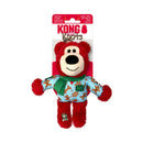 Red KONG Holiday Wild Knots Bear Dog Toy featuring holiday sweater and scarf, displayed in KONG's branded packaging, ideal for Christmas.