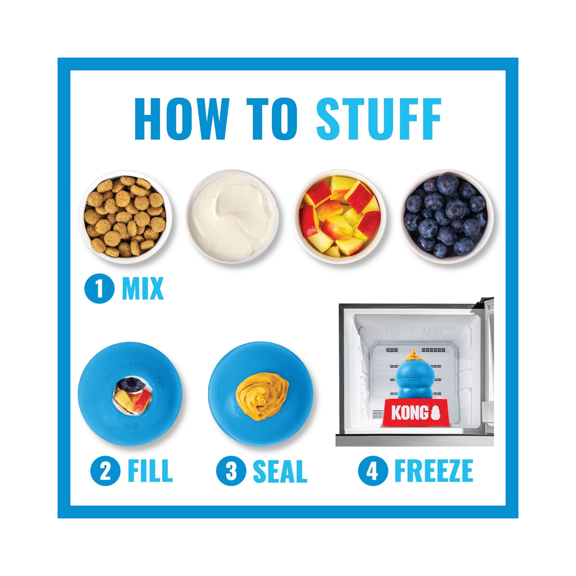 Step-by-step guide showing how to stuff a KONG Puppy dog toy