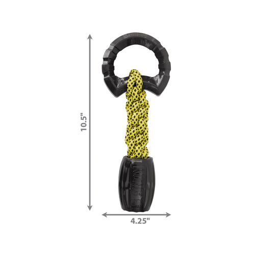 KONG Jaxx Braided Durable Tug Dog toy with black and yellow design, showing dimensions on a white background