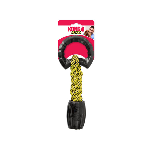 Kong Jaxx dog tug toy with black and yellow design in branded packaging on a white background