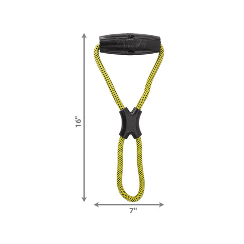 Yellow and black KONG Jaxx Infinity Tug Toy for dogs - displaying measurements in inches